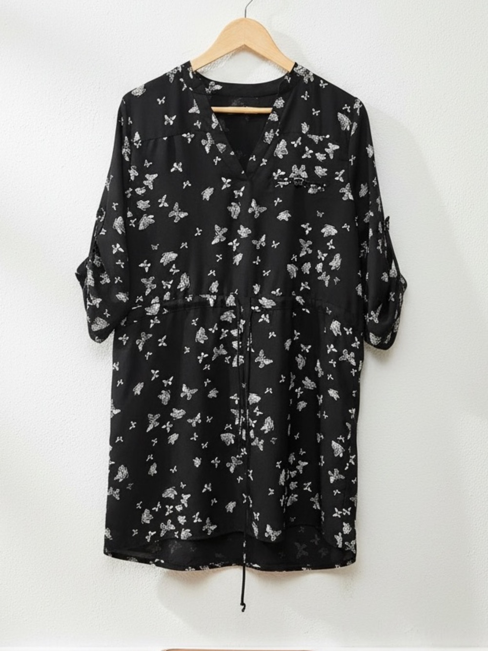 Reitmans Black white butterfly Print Drawstring Waist Lined Dress Size L